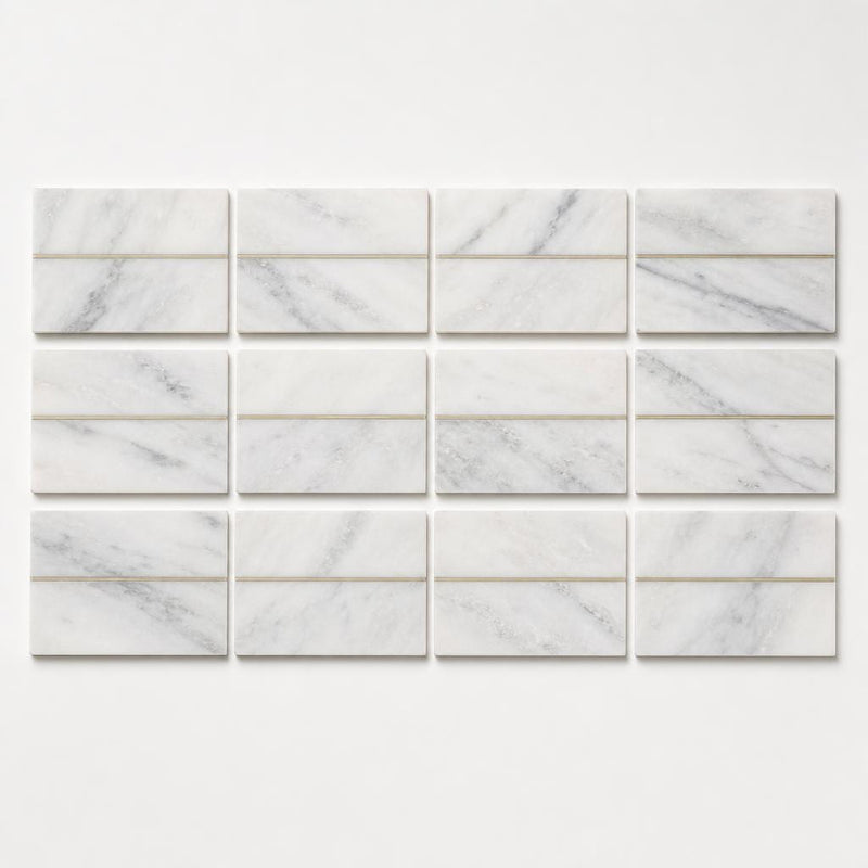 Ferrara Bianco Brass Deco Marble Tile - Honed 3x6, 3/8 in close-up