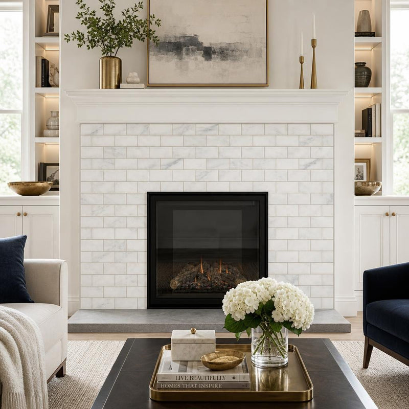Ferrara Bianco Brass Deco Marble Tile - Honed 3x6, 3/8 in — Living Room fireplace surround