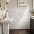 Ferrara Bianco Brass Deco Marble Tile - Honed 3x6, 3/8 in — Powder Room wainscot