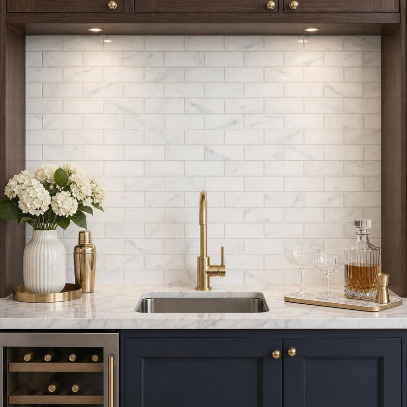 Ferrara Bianco Brass Deco Marble Tile - Honed 3x6, 3/8 in — Wet Bar backsplash