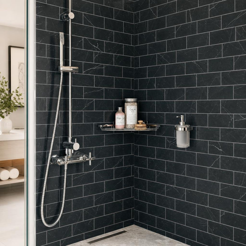 Ferrara Nero Marble Tile 3x6 Honed 3/8 inch — Bathroom shower wall