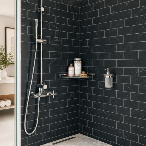 Ferrara Nero Marble Tile 3x6 Honed 3/8 inch — Bathroom shower wall