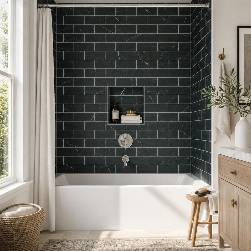 Ferrara Nero Marble Tile 3x6 Honed 3/8 inch — Bathroom tub surround