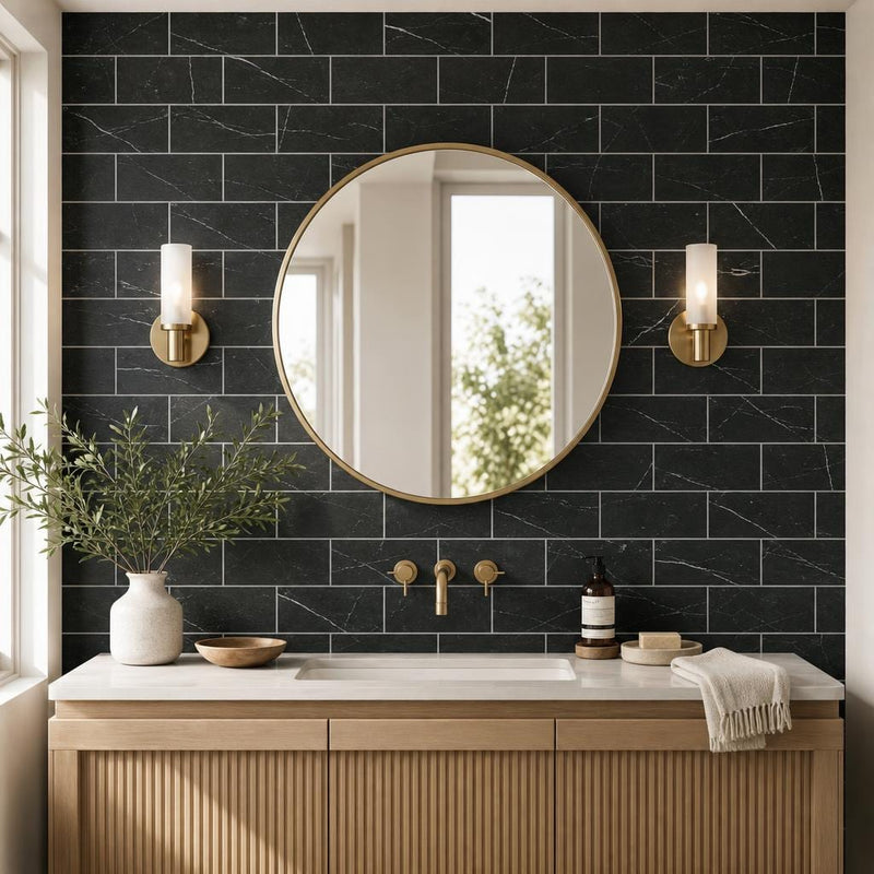 Ferrara Nero Marble Tile 3x6 Honed 3/8 inch — Bathroom wall
