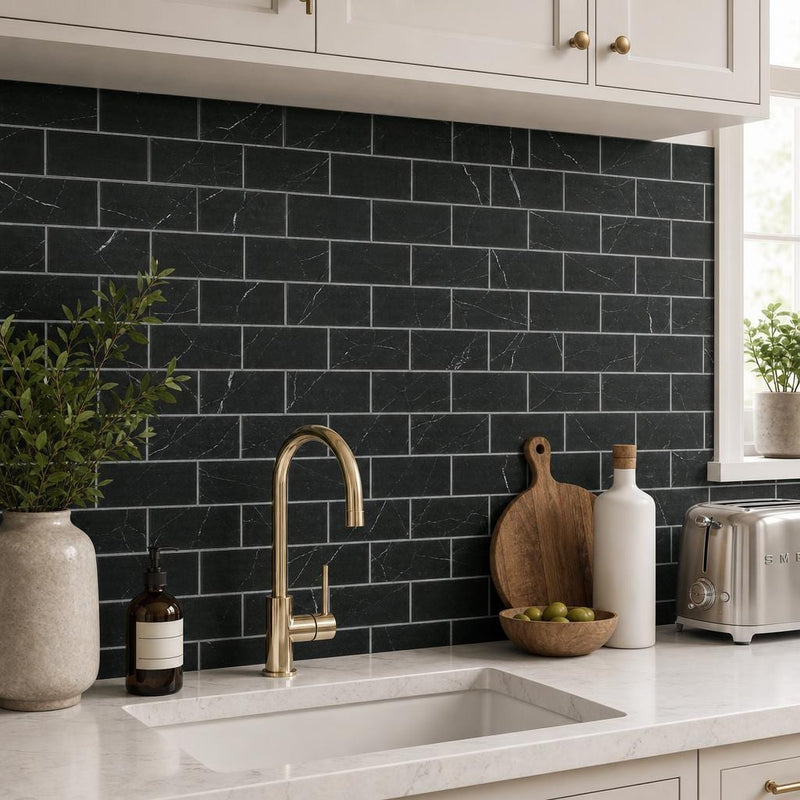 Ferrara Nero Marble Tile 3x6 Honed 3/8 inch — Kitchen backsplash