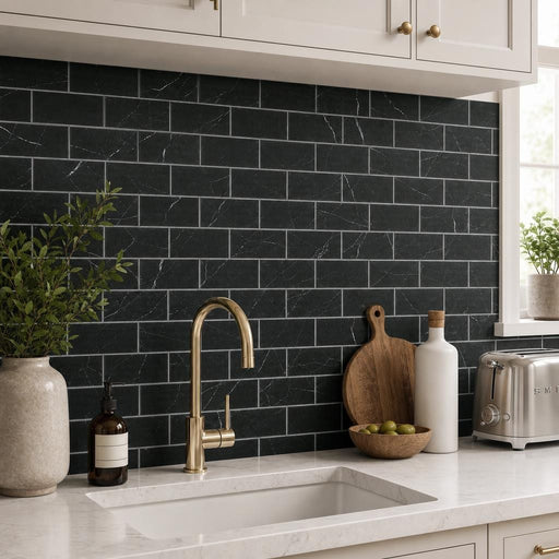 Ferrara Nero Marble Tile 3x6 Honed 3/8 inch — Kitchen backsplash