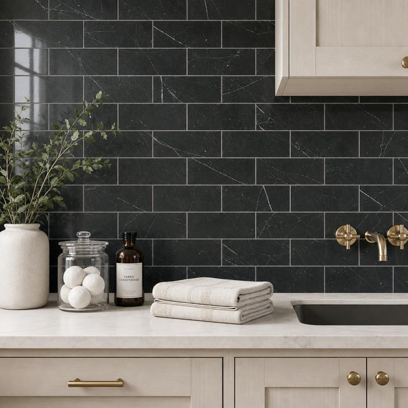 Ferrara Nero Marble Tile 3x6 Honed 3/8 inch — Laundry Room backsplash