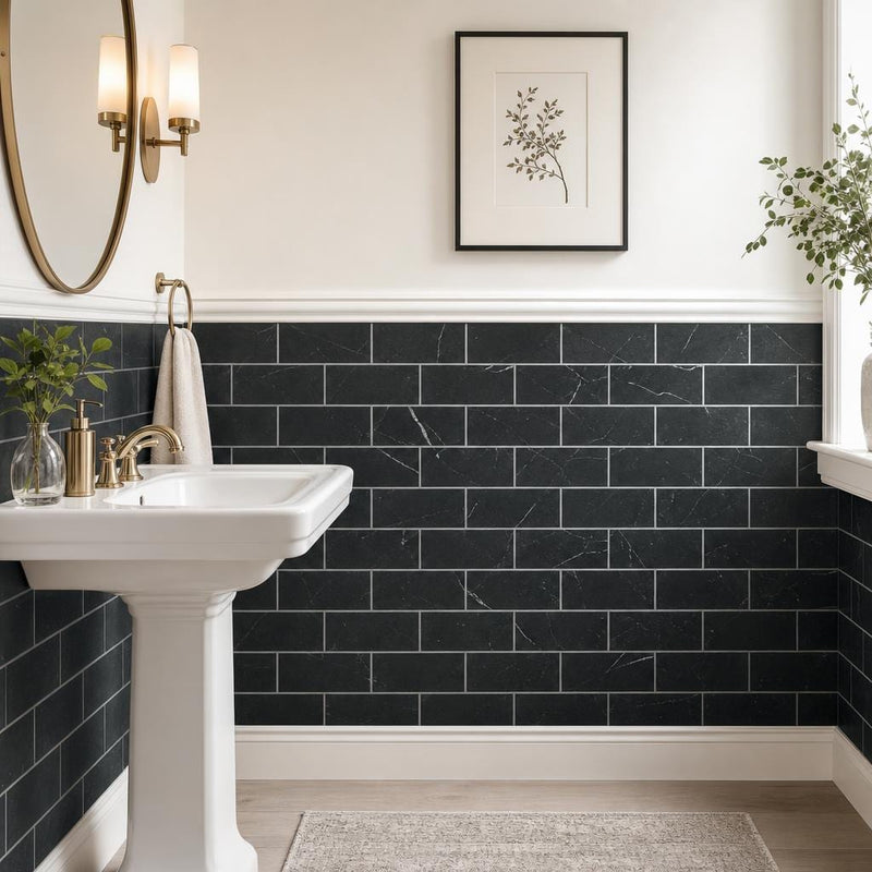 Ferrara Nero Marble Tile 3x6 Honed 3/8 inch — Powder Room wainscot