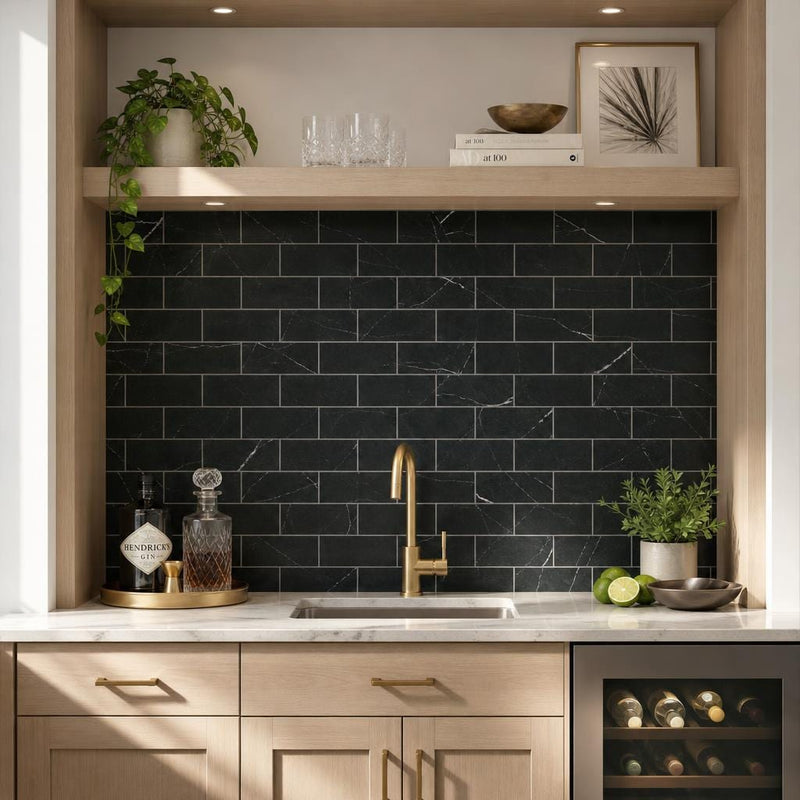 Ferrara Nero Marble Tile 3x6 Honed 3/8 inch — Wet Bar backsplash