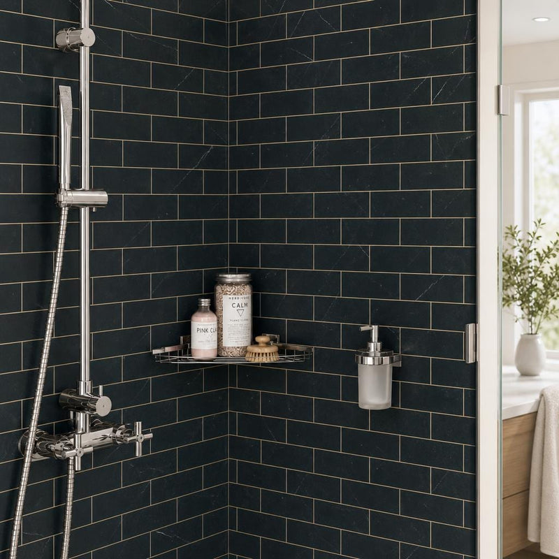 Ferrara Nero Marble Tile with Brass Deco - Honed, 3x6, 3/8 in — Bathroom shower wall