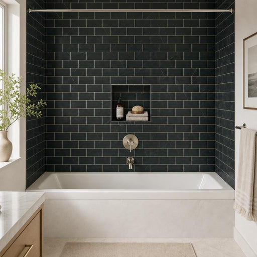 Ferrara Nero Marble Tile with Brass Deco - Honed, 3x6, 3/8 in — Bathroom tub surround