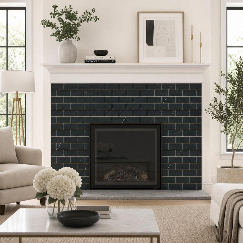 Ferrara Nero Marble Tile with Brass Deco - Honed, 3x6, 3/8 in — Living Room fireplace surround