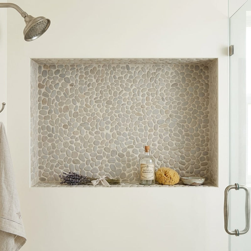 Flat Pebble Mica 12x12 Mesh Limestone Mosaic 12x12_sheet — Bathroom niche