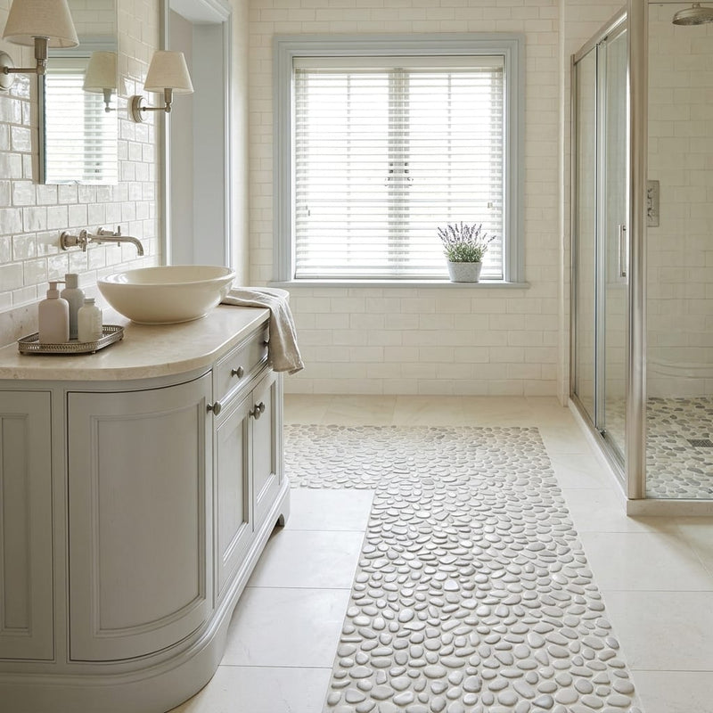 Flat Pebble Mica 12x12 Mesh Limestone Mosaic 12x12_sheet — Bathroom shower floor