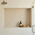 Flat Pebble Tan 12x12 Mesh Limestone Mosaic 12x12_sheet — Bathroom niche