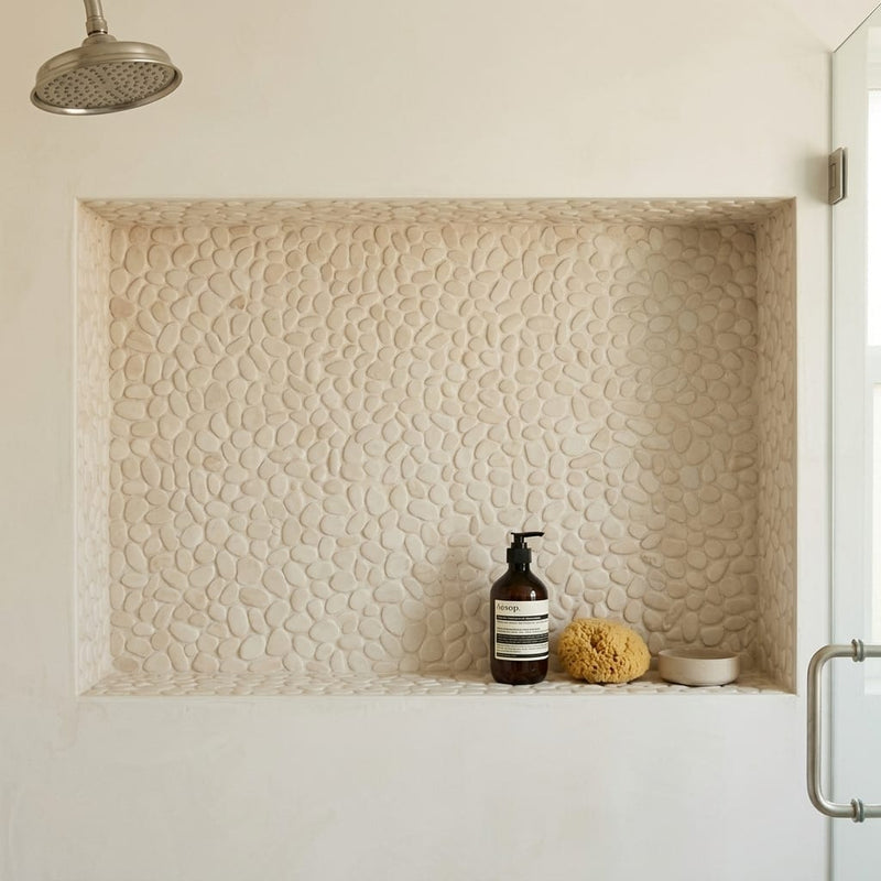 Flat Pebble Tan 12x12 Mesh Limestone Mosaic 12x12_sheet — Bathroom niche