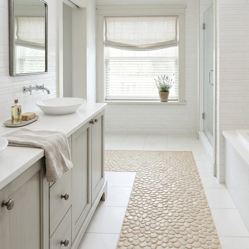Flat Pebble Tan 12x12 Mesh Limestone Mosaic 12x12_sheet — Bathroom shower floor