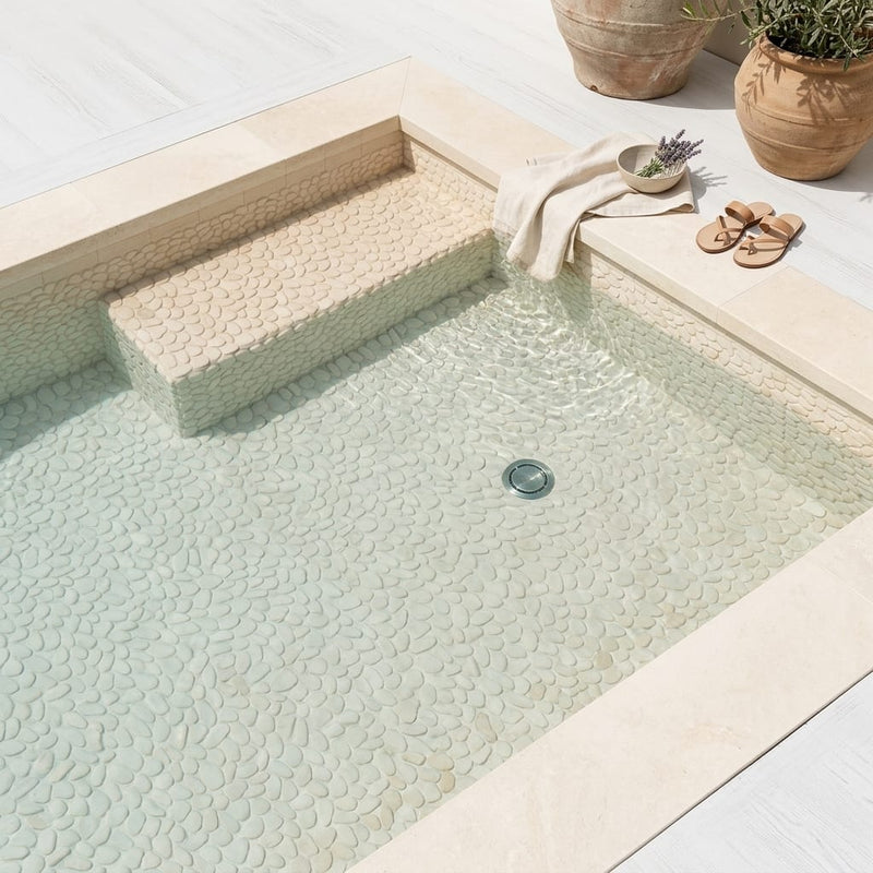 Flat Pebble Tan 12x12 Mesh Limestone Mosaic 12x12_sheet — Swimming Pool pool interior