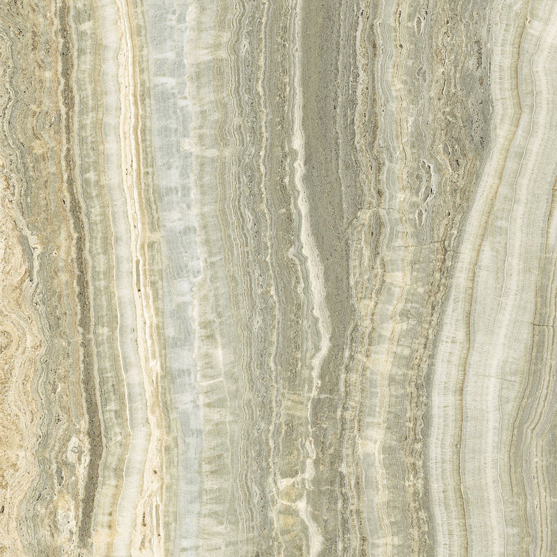 Florim Eccentric Luxe Sage glossy slab with vertical sage-green, ivory and pale gold onyx-look veining.