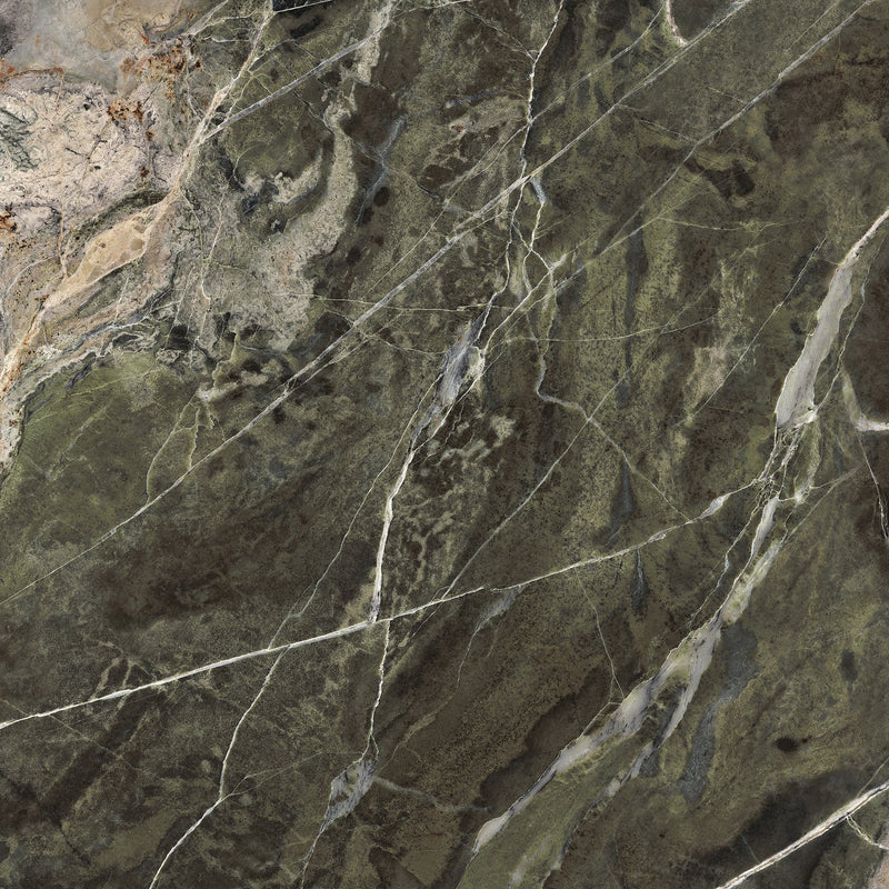Florim Program Heritage Emerald 47x110 glossy 6mm porcelain slab showing dark green marble-look tones with white and cream veining.
