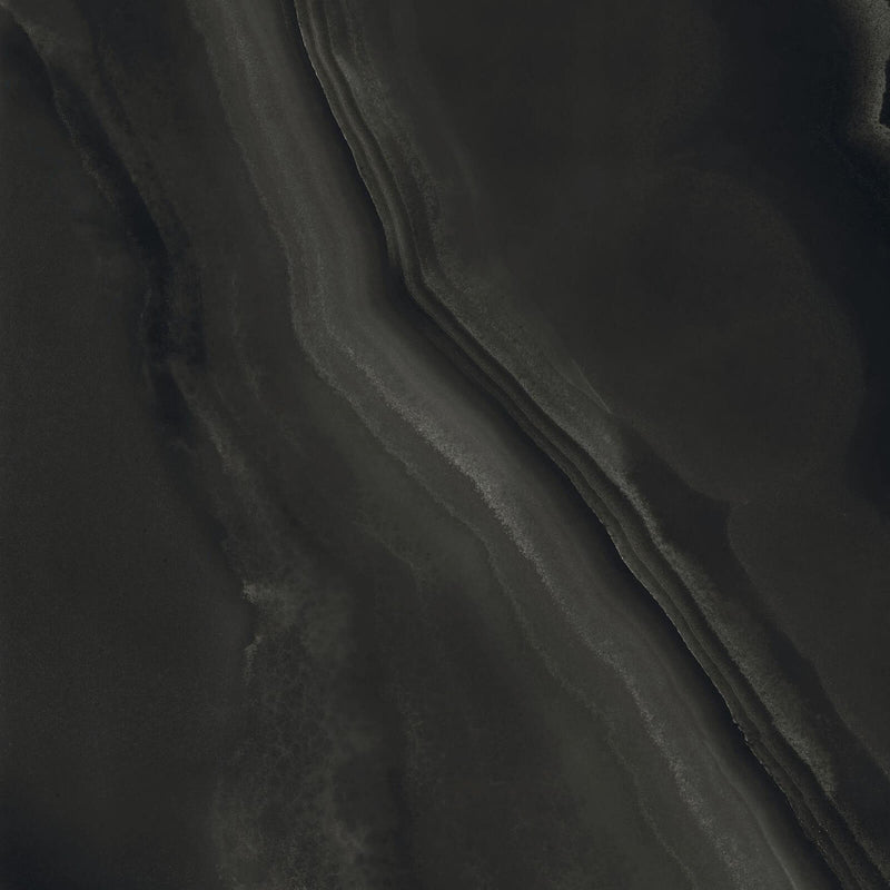 Florim Eccentric Luxe Smoky Black glossy porcelain slab surface with deep charcoal coloring and flowing grey mineral bands across the design.