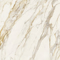Close-up of Florim Etoile Creme 47x110 glossy slab with a creamy background and diagonal beige, gold and gray veins.