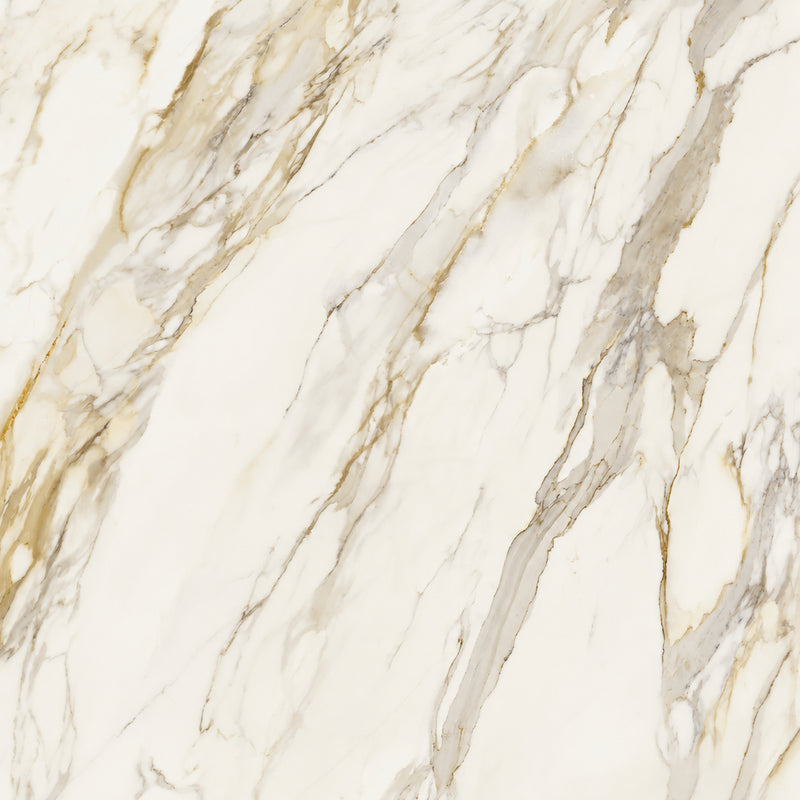 Close-up of Florim Etoile Creme 47x110 glossy slab with a creamy background and diagonal beige, gold and gray veins.