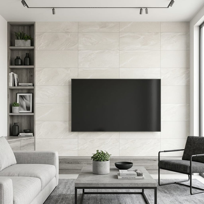 Fluida Luminis 12x24 Matte Porcelain Tile — Living Room feature wall