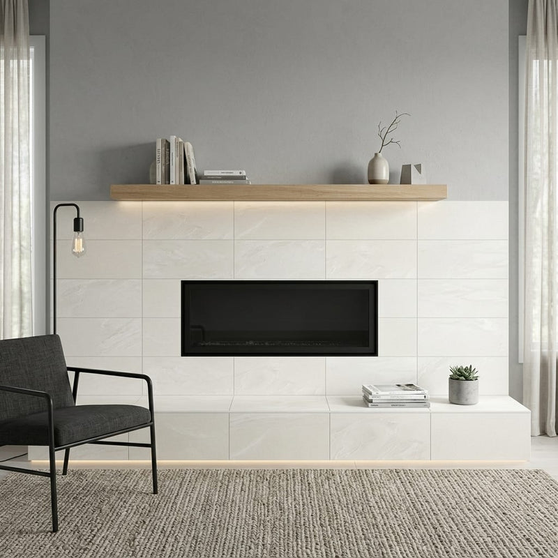 Fluida Luminis 12x24 Matte Porcelain Tile — Living Room fireplace surround