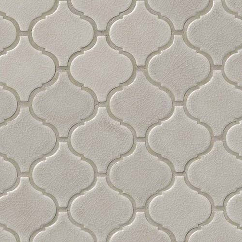 Fog Arabesque 0.24-inch glossy ceramic mosaic tile in light gray with an arabesque pattern.