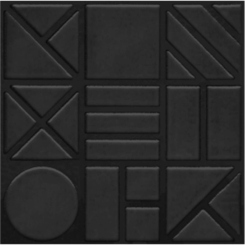 Forma Black 8.5x8.5 ceramic wall tiles with raised circles, rectangles and diagonal geometric patterns.