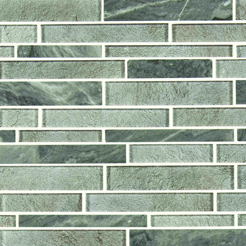 Fountain Hills interlocking glass mosaic tile with gray-green rectangular pieces, textured surfaces, and a staggered pattern.