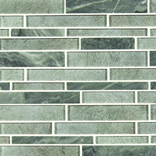 Fountain Hills interlocking glass mosaic tile with gray-green rectangular pieces, textured surfaces, and a staggered pattern.