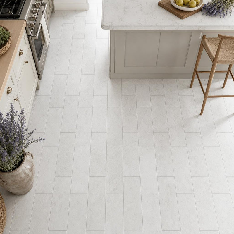 Freska 06x24 Split-Face White Limestone LedPanel tile — Kitchen floor
