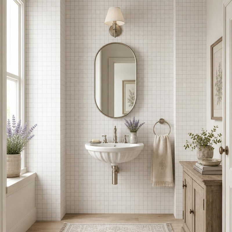 Freska 1x1 Square Honed Limestone Mosaic — Powder Room wall