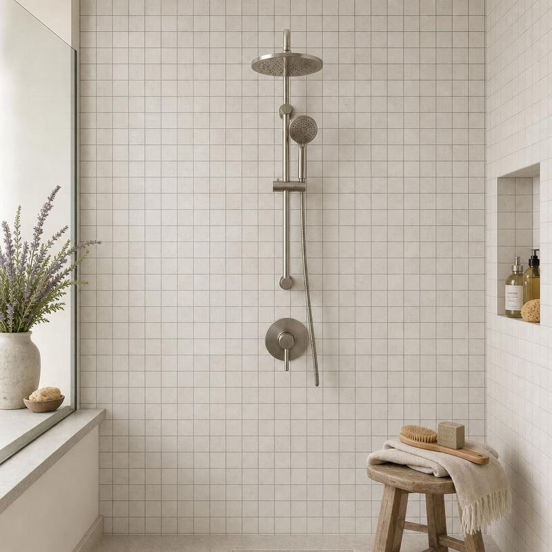 Freska 2x2 Filled & Honed Limestone Mosaic Tile — Bathroom shower wall