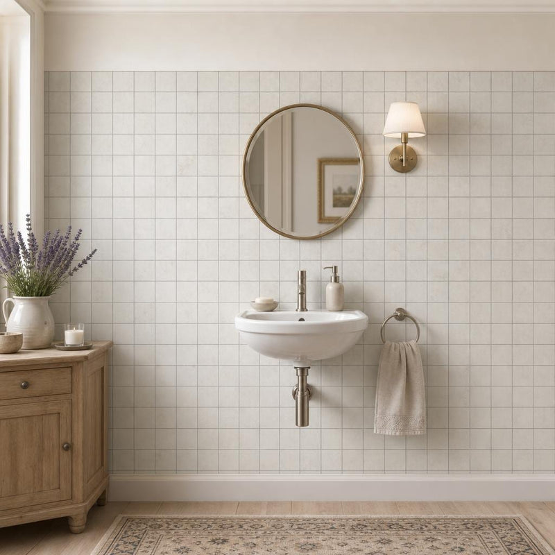 Freska 2x2 Filled & Honed Limestone Mosaic Tile — Powder Room wall