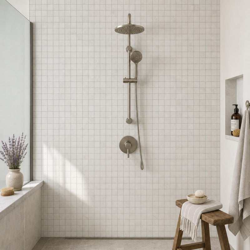 Freska 2x2 Honed Limestone Mosaic Tile — Bathroom shower wall