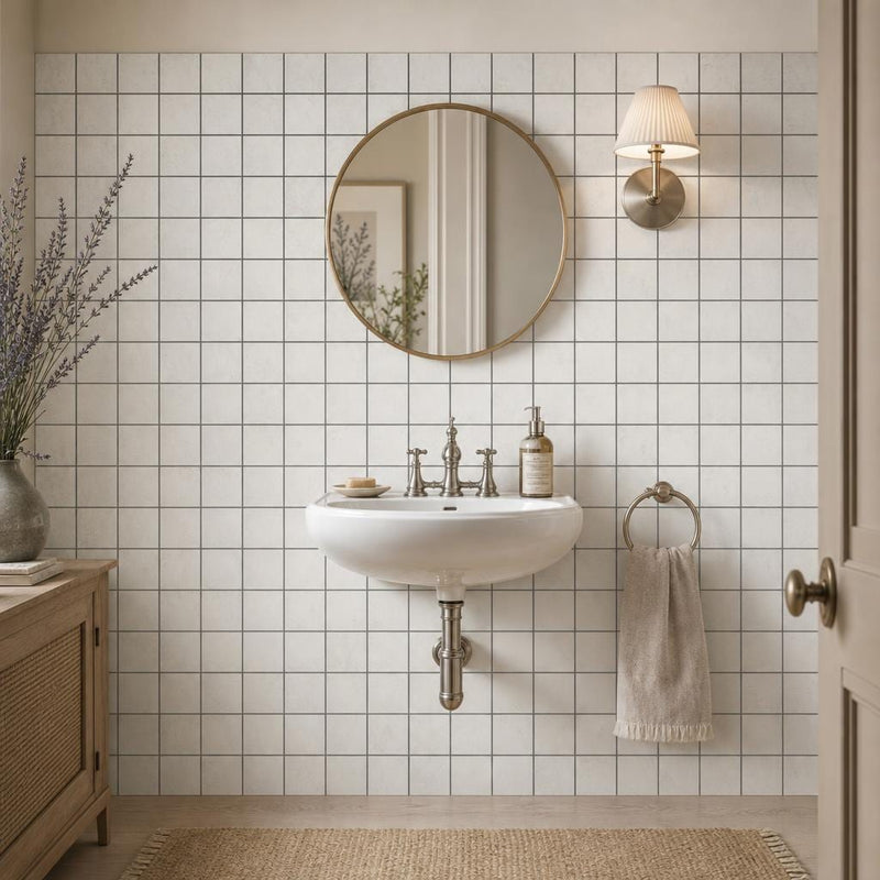 Freska 2x2 Honed Limestone Mosaic Tile — Powder Room wall