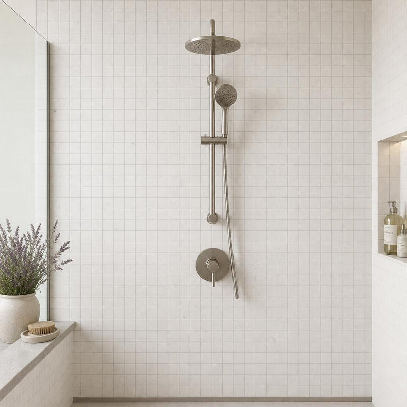 Freska 2x2 Square Honed Limestone Mosaic — Bathroom shower wall