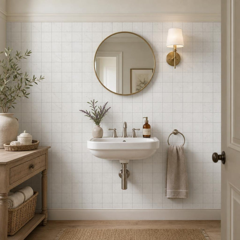 Freska 2x2 Square Honed Limestone Mosaic — Powder Room wall