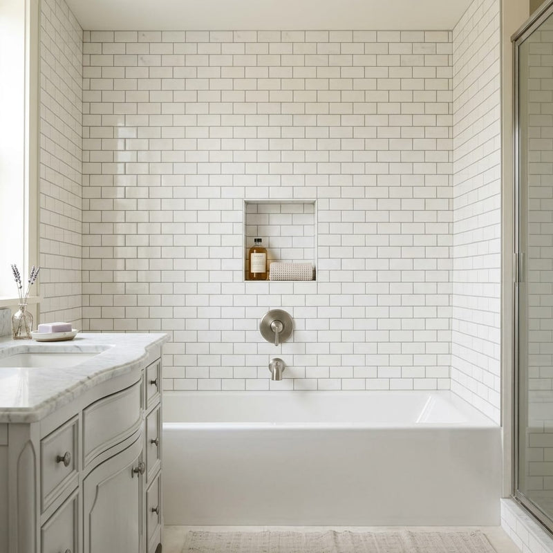 Freska 2x4 Subway Honed Limestone Mosaic — Bathroom tub surround