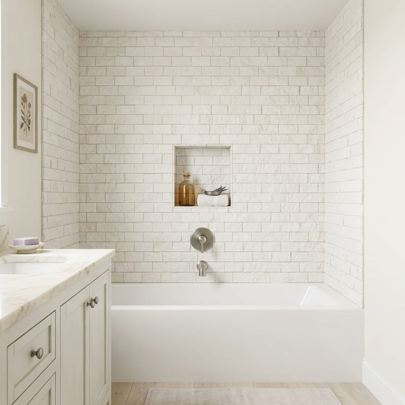 Freska 2x4 Subway Splitface Limestone Mosaic — Bathroom tub surround