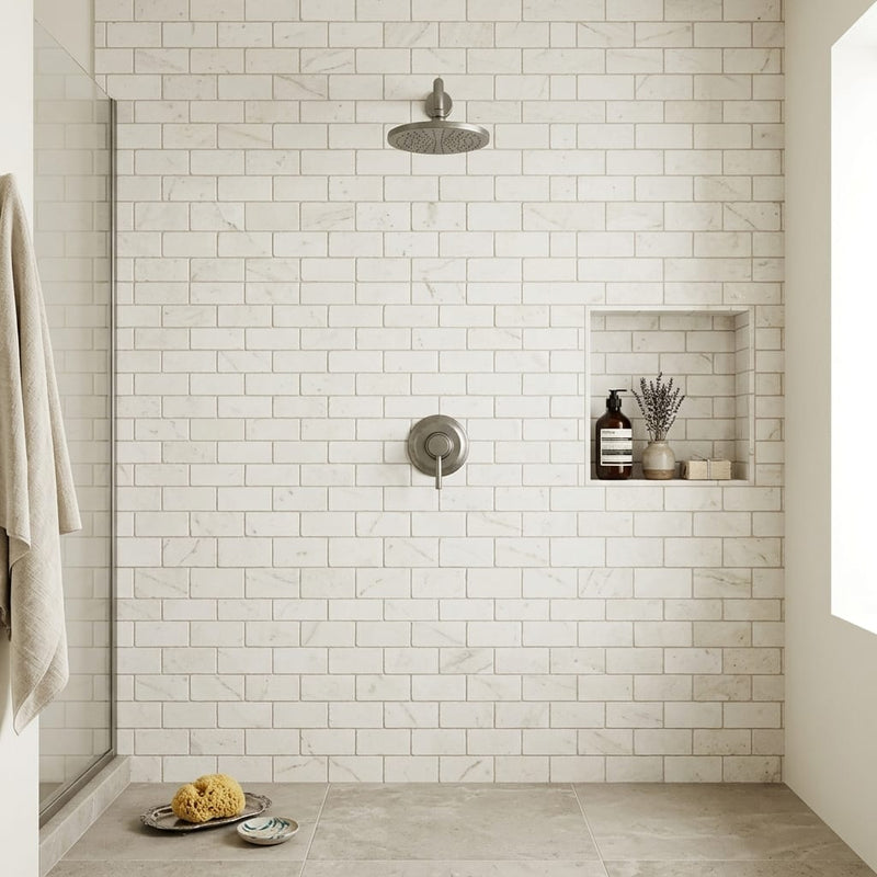 Freska 2x4 Subway Tumbled Limestone Mosaic — Bathroom shower wall