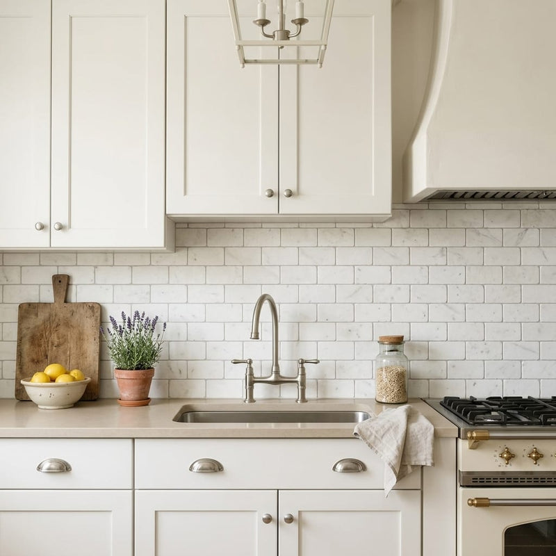 Freska 2x4 Subway Tumbled Limestone Mosaic — Kitchen backsplash