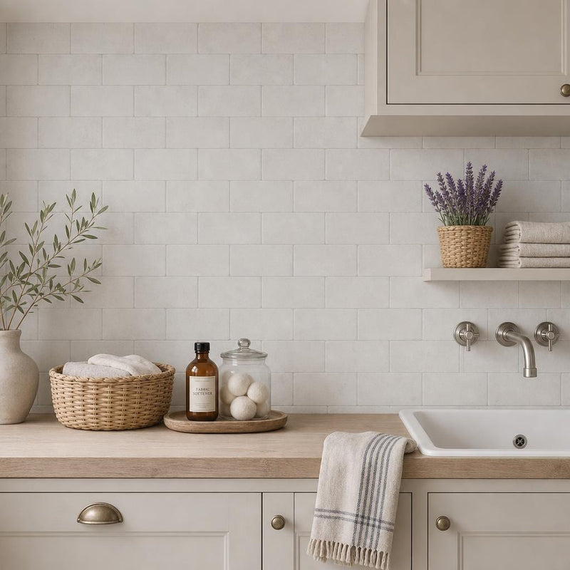 Freska 3x6 Tumbled Limestone Tile — Laundry Room backsplash
