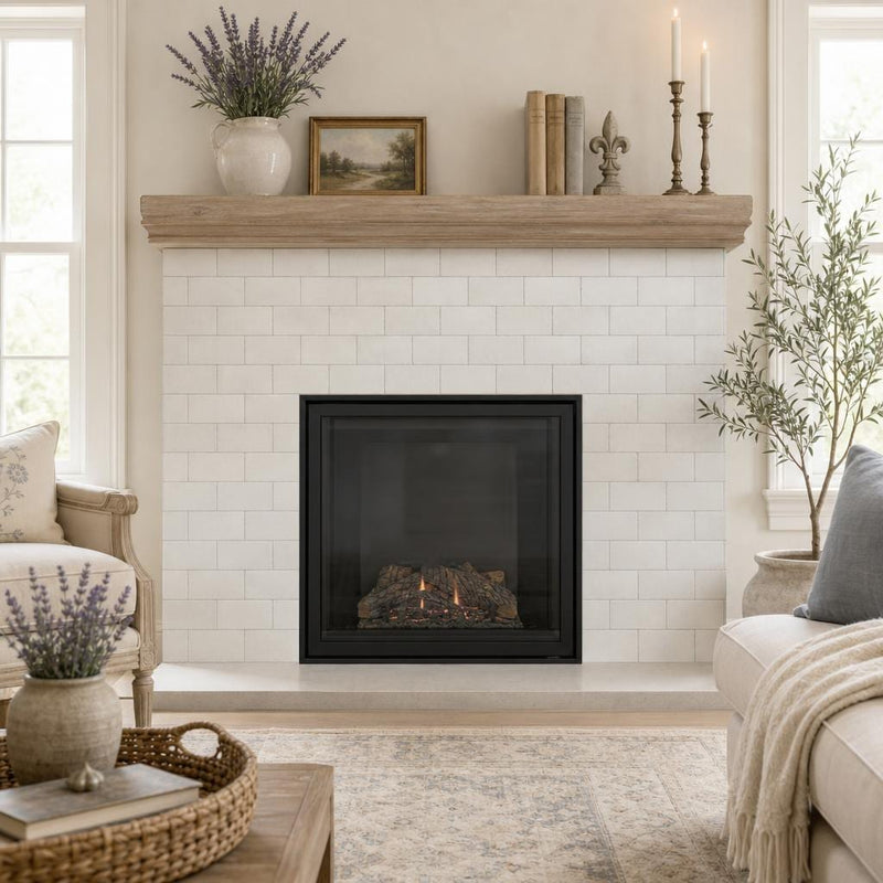 Freska 3x6 Tumbled Limestone Tile — Living Room fireplace surround