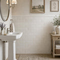 Freska 3x6 Tumbled Limestone Tile — Powder Room wainscot