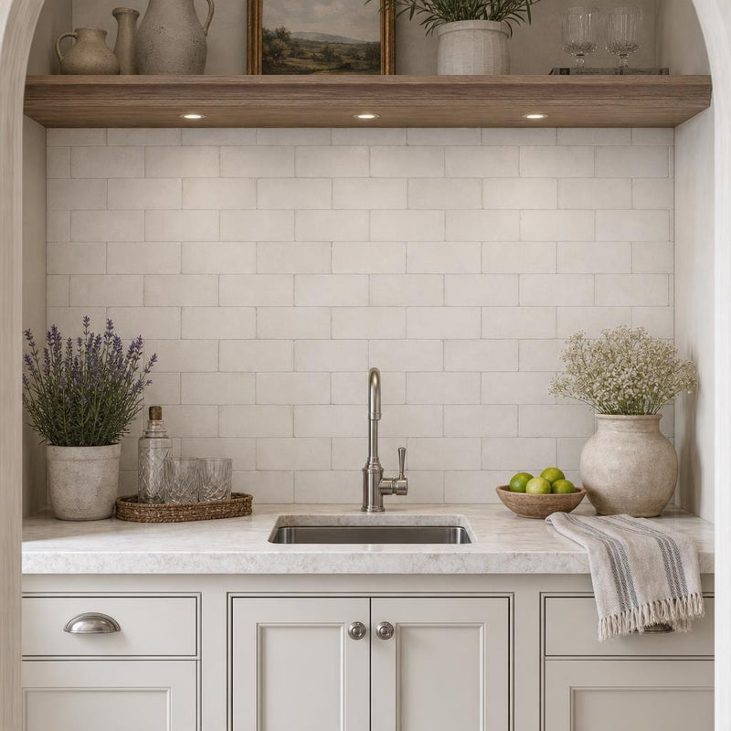 Freska 3x6 Tumbled Limestone Tile — Wet Bar backsplash