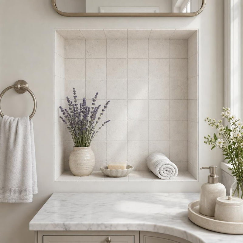 Freska 4x4 Tumbled Limestone Tile — Bathroom niche